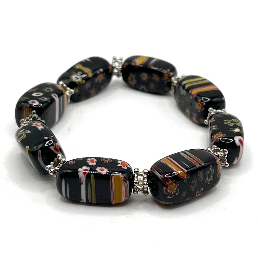 Millefiori Glass Beads Stretch Bracelet Black with Multicolor Floral Design 6.5" - Picture 4 of 7